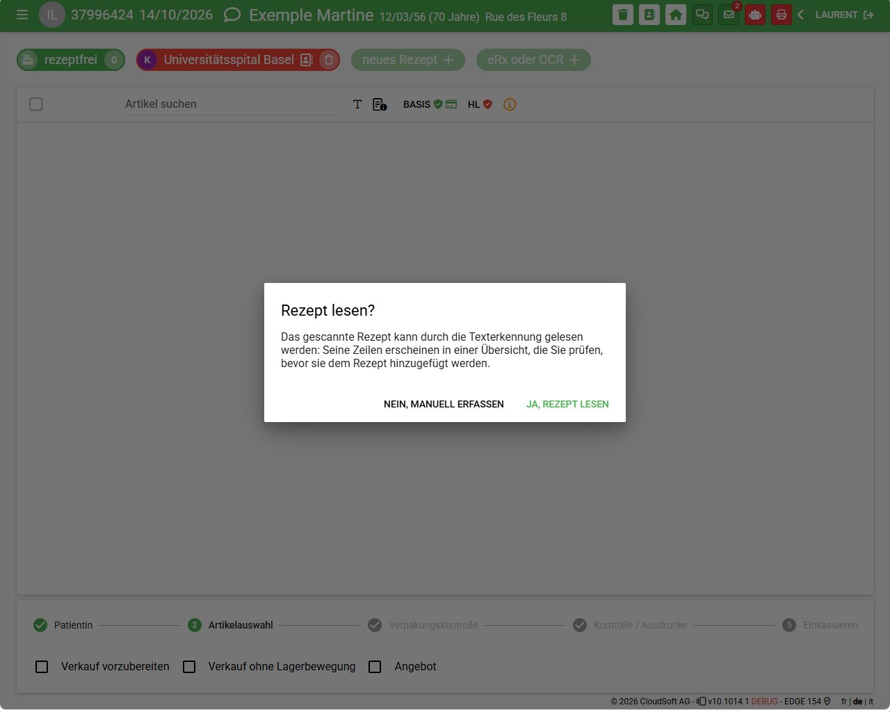 Während eines Verkaufs ein gescanntes Rezept: pharmacie.cloud schlägt vor, es zu lesen.